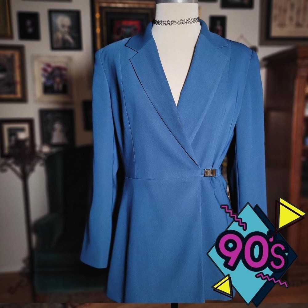 Vintage 90s ICE CUBE by MICHAEL New York Teal Blue Buckle Blazer Jacket Womens